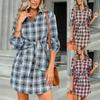Women's Fashion Casual Tie Waist Shirt Long Sleeve Lapel Short Skirt Plaid Dress