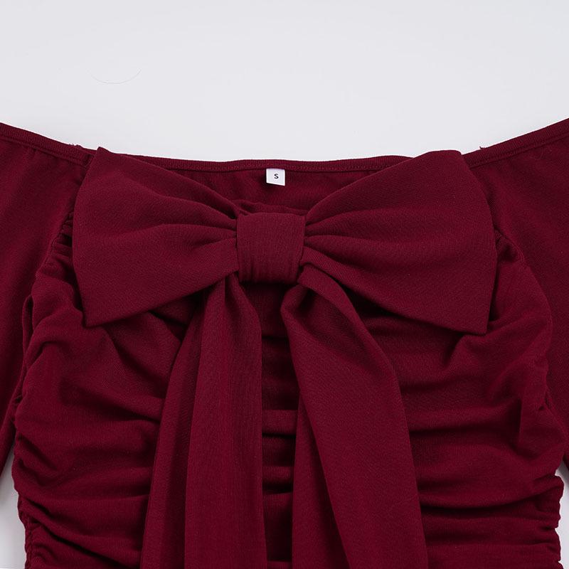 Korean Style Off-the-Shoulder Ruched Bow Top for Autumn/Winter: Trendy Slim Fit Christmas T-Shirt