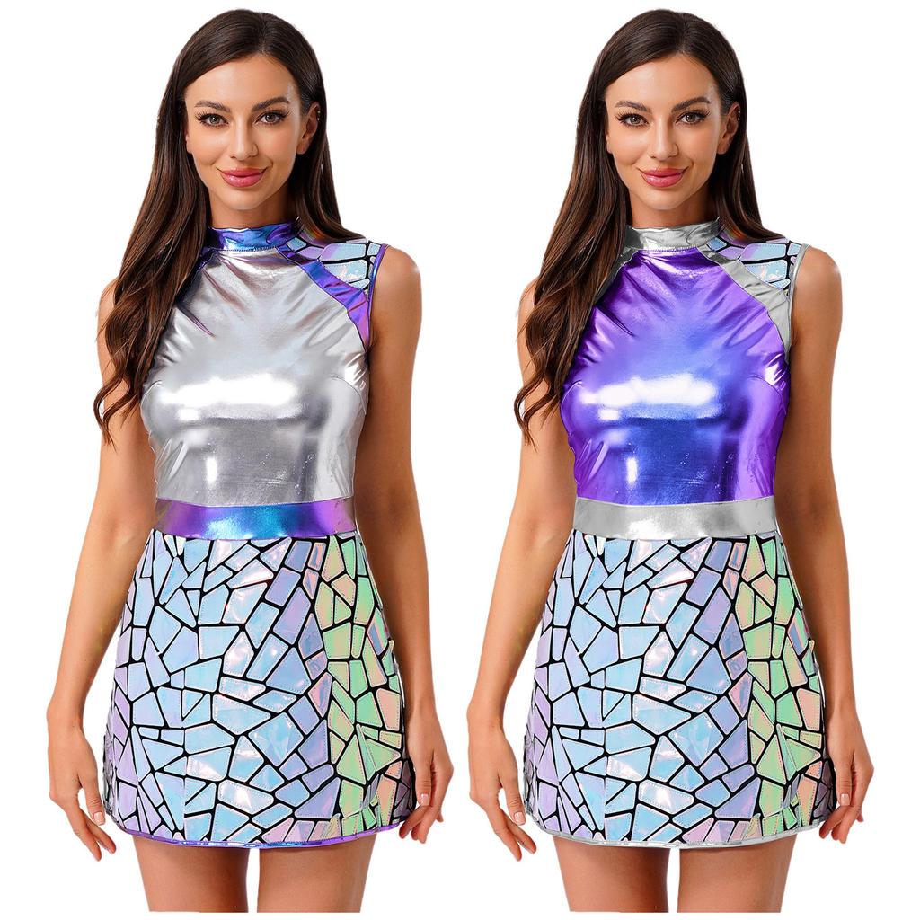 Womens Halloween Alien Astronaut Costume Gradient Sequin Metallic Shiny A-Line Dress