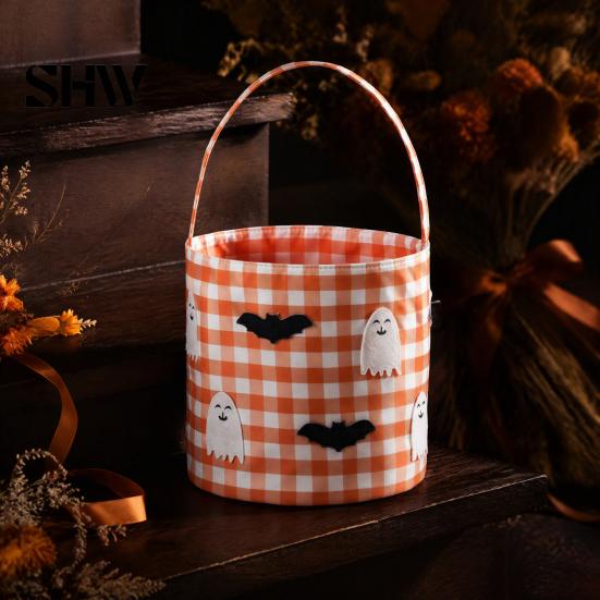 Pumpkin Party Supplies Halloween Bucket, Trick or Treat Basket for Kids Boys Girls, Plaid Containers Bat Ghost Candy Tote Bag with Handle Favors