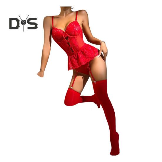 Women Sexy Deep V Sling Bodysuit See Through Heart Lace High Elasticity Romper Solid Color Shaping One Piece Underwear with Underwire