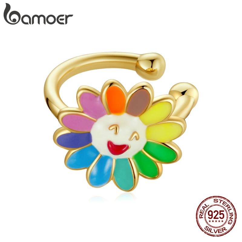 BAMOER стерлингового серебра 925 пробы с эмалью, 1 шт., серьги-клипсы в стиле поп-арт с радужным солнечным цветком для женщин, элегантные ювелирные изделия