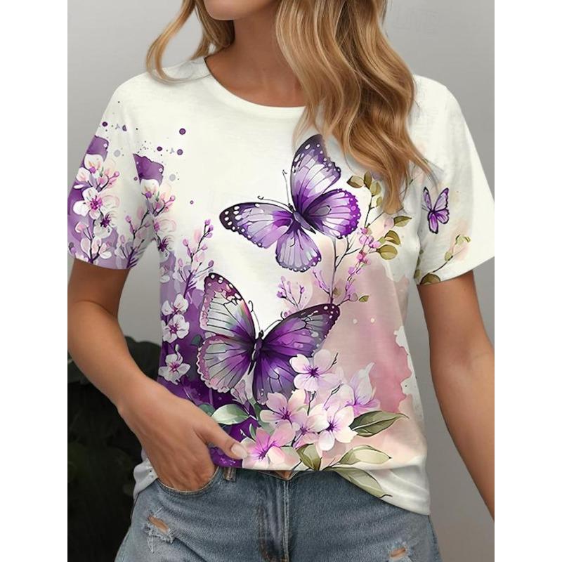 3D Print Butterfly Graphics T Shirt Women's T Shirt Animal Weekend Short Sleeve Tee Fashion Round Neck Tops Summer
