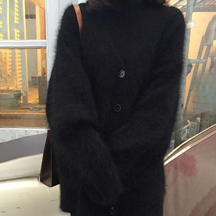 Autumn Women's Fashion Lantern Sleeve Imitation Mink Velvet Loose Sweater Casual Knitted Cardigan Jacket