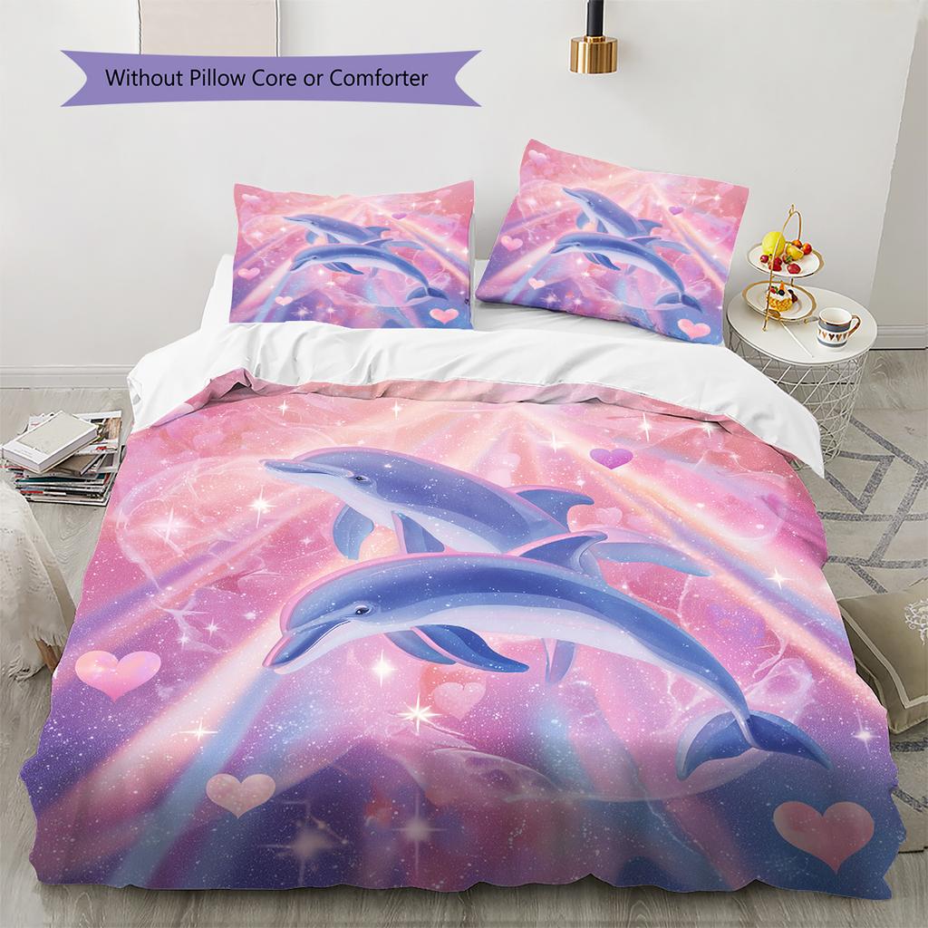 Мультяшная цветная дельфиновая постельное белье Домашний декор Подарок на день рождения (1 пододеяльник + 2 наволочки, без наполнителя)