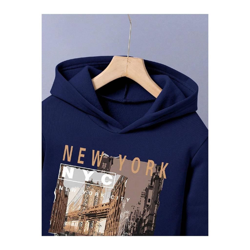 Темно-синий мужской спортивный костюм оверсайз с мягким пушистым принтом Nyc