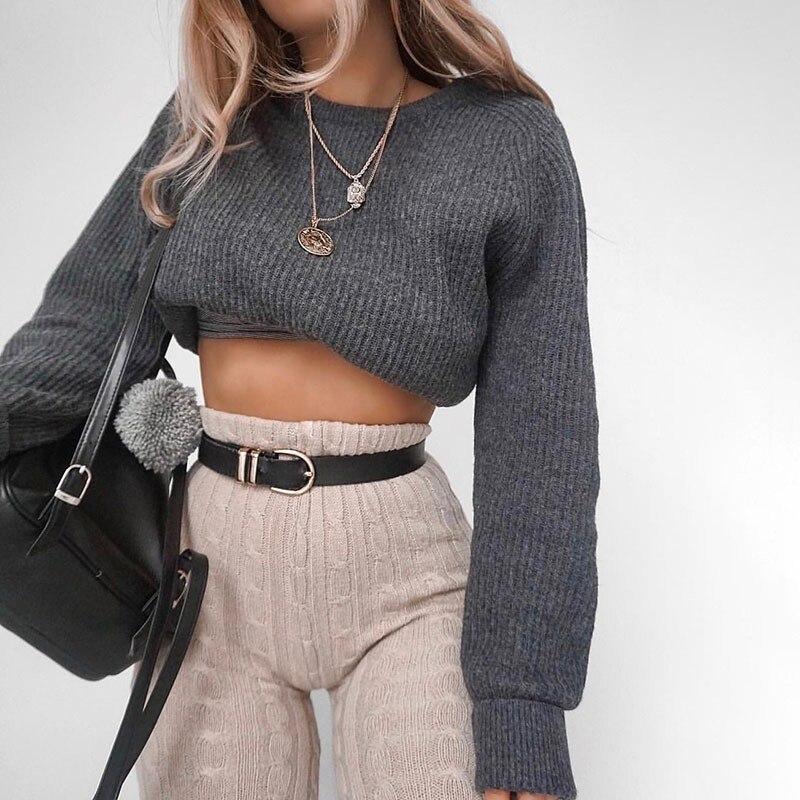 Autumn Pullover Knitted Crop Sweater Women 2023 Long Sleeve Jumper Casual Sexy Pull O Neck Solid Winter Knitwear Short Top 28472
