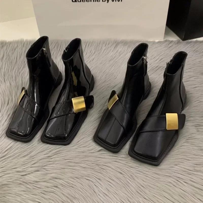 Designer Vintage Women Ankle Boots Fashion Square Toe Shoes Spring Autumn Flats Ladies Short Booties Zapatos De Mujer