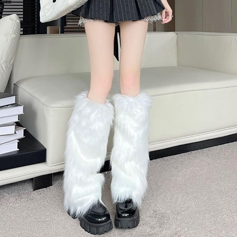 White Faux Fur Leg Warmers Boot Covers Y2K Goth Solid Leg Socks Punk Knee-Length Fashion Warm Sock