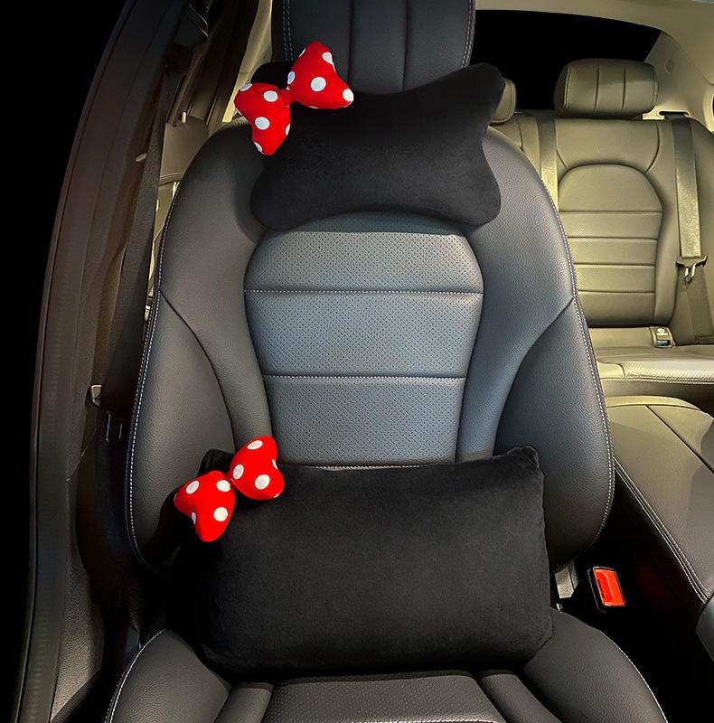 Cute Cartoon Car Pillow Red Dot Bow Universal Auto Seat Headrest Neck Waist Support Seatbelt Cover Car Accessories for Women