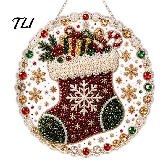 Transparent Acrylic Craft Decor Christmas DIY Faux Diamond Painting Hanging, Santa Wreath Pendant, Pearl Red Green Gifts Beads Kit for Wall