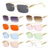 Fashion Rimless Rectangle Sunglasses for Women Retro Cheetah Decoration Clear Ocean Lens Sun Glasses Shades Eyewear