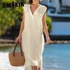 Весна-лето Женское повседневное платье из хлопка и льна без рукавов Однотонные свободные платья с V-образным вырезом