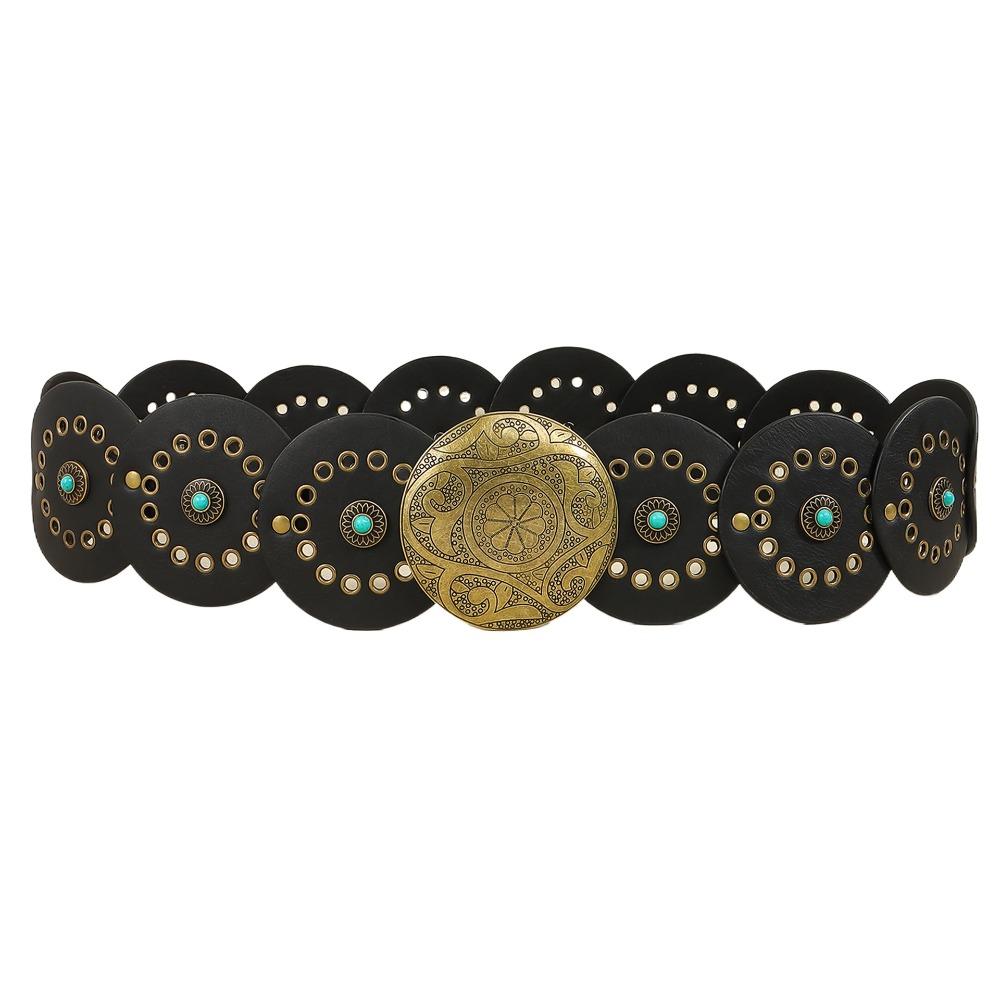 Exaggerated Wide Boho Disc Belt Rivet Carved Buckle Waist Belt Woman Vintage Belt  Dress Decoration
