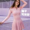 Womens Tennis Outfit Set With Half-Zip Detachable Long Sleeve Top Pleated Skirt Anti-Slip Design Fall Winter