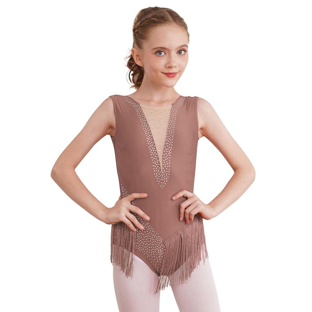 Kids Girls Shiny Figure Skating Sleeveless Leotard Rhythmic Gymnastics Fringed Bodysuit