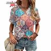 Женская футболка в стиле Харадзюку в стиле бохо, летние повседневные топы с графическим принтом и короткими рукавами, уличная модная футболка с v-образным вырезом, женская одежда