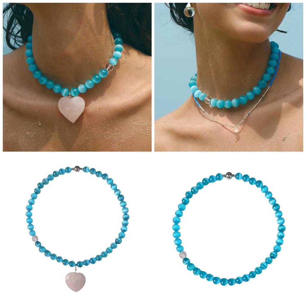 Elegant Love Heart Blue Cats Eye Stone Beaded Necklace Symbolizing Love and Tenderness for Trendy Women Casual Wear