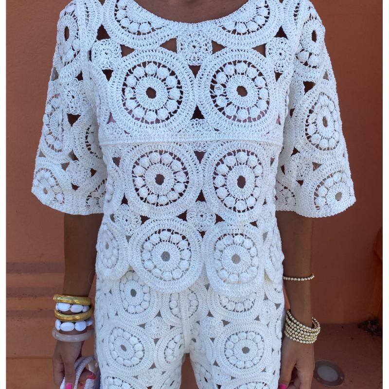 Сексуальные полые вязаные крючком комплекты из двух предметов, женские футболки с короткими рукавами + свободные шорты с высокой талией, женская мода, шикарные однотонные уличные пляжные костюмы