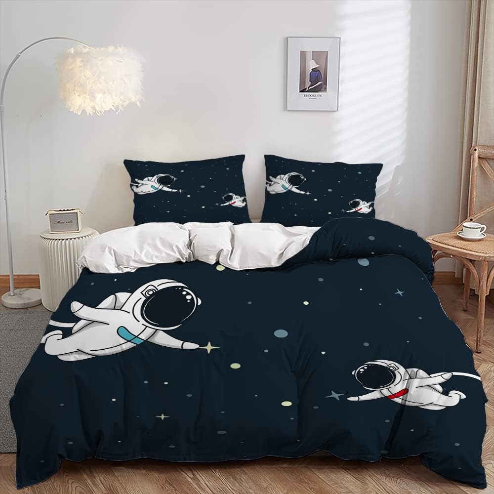 Kids Astronaut Duvet Cover Set Space Themed Bedding With Rocket Ship Planets & Stars Print Comforter Cover For Boys