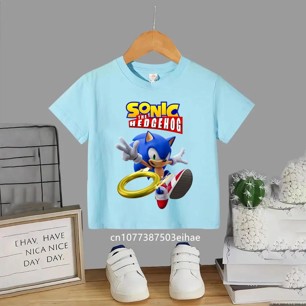 Summer Short Sleeve Kids TShirt Anime Sonic Cartoon Pattern Round Neck Casual Fashion Comfortable Breathable Daily Play Clothes