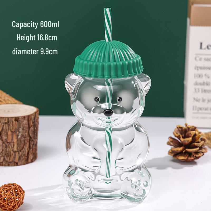 Cartoon Bear Glass Cup with Straw | Creative Teddy Bear Design
