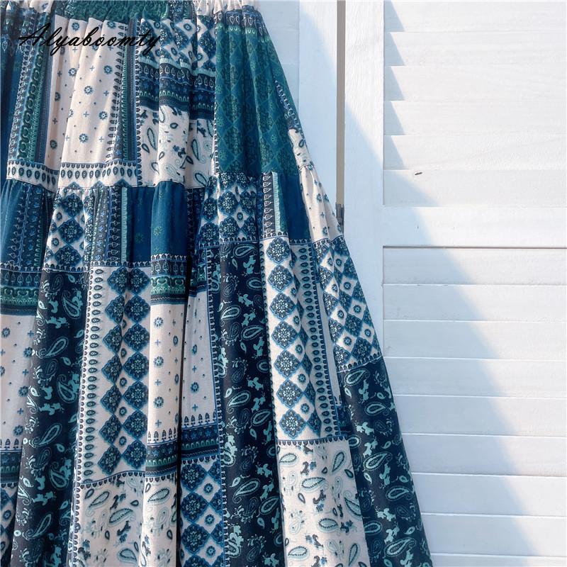 Весна Лето Женская юбка миди с эластичной талией и геометрическим принтом Контрастный цвет Юбка-трапеция Винтажные хлопковые женские юбки