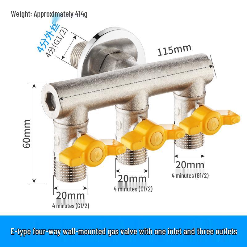 Telu Copper Gas Pipe Tee Valve, Y-Type 4-Point Ball Valve, One-in-Two Natural Gas Switch