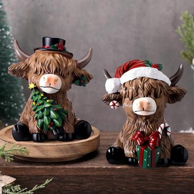 Рождественская фигурка горной коровы из смолы, Санта, елка, шотландская статуэтка для Рождества, дома, сада, кухни, офиса, многоярусного подноса, настольный декор