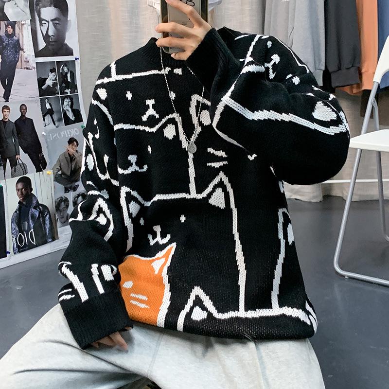 Мужской модный свитер в гонконгском стиле с рисунком - свободный крой, круглая горловина, осенне-зимняя трикотажная мода для студентов