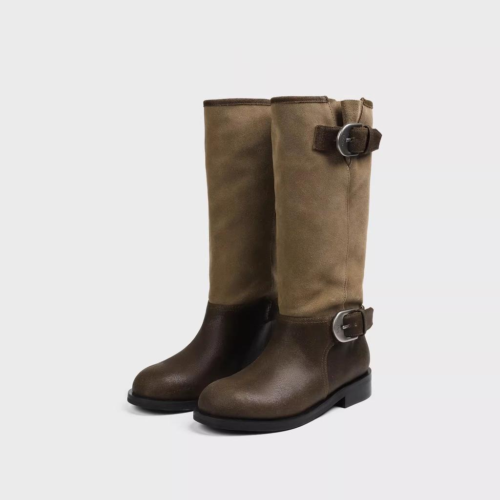 Pleated pile boots women's boots 2025 summer new metal buckle leather knight boots splicing retro western boots