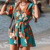 Женский комбинезон в пляжном праздничном стиле с рюшами на рукавах и поясом через шею, короткие классические брюки, свободный комбинезон с принтом