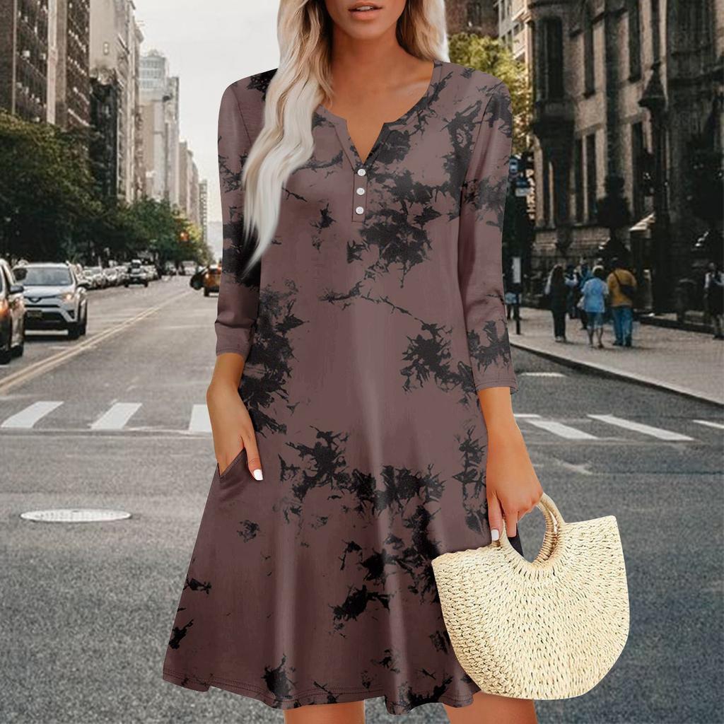 Women's Summer Dress Loose V Neck Three-quarter Sleeve Sundress With Pockets Dress