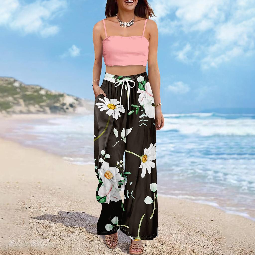 Women Summer Boho Palazzo Pants High Waist Wide Leg Rinting Casual Trousers With Pockets