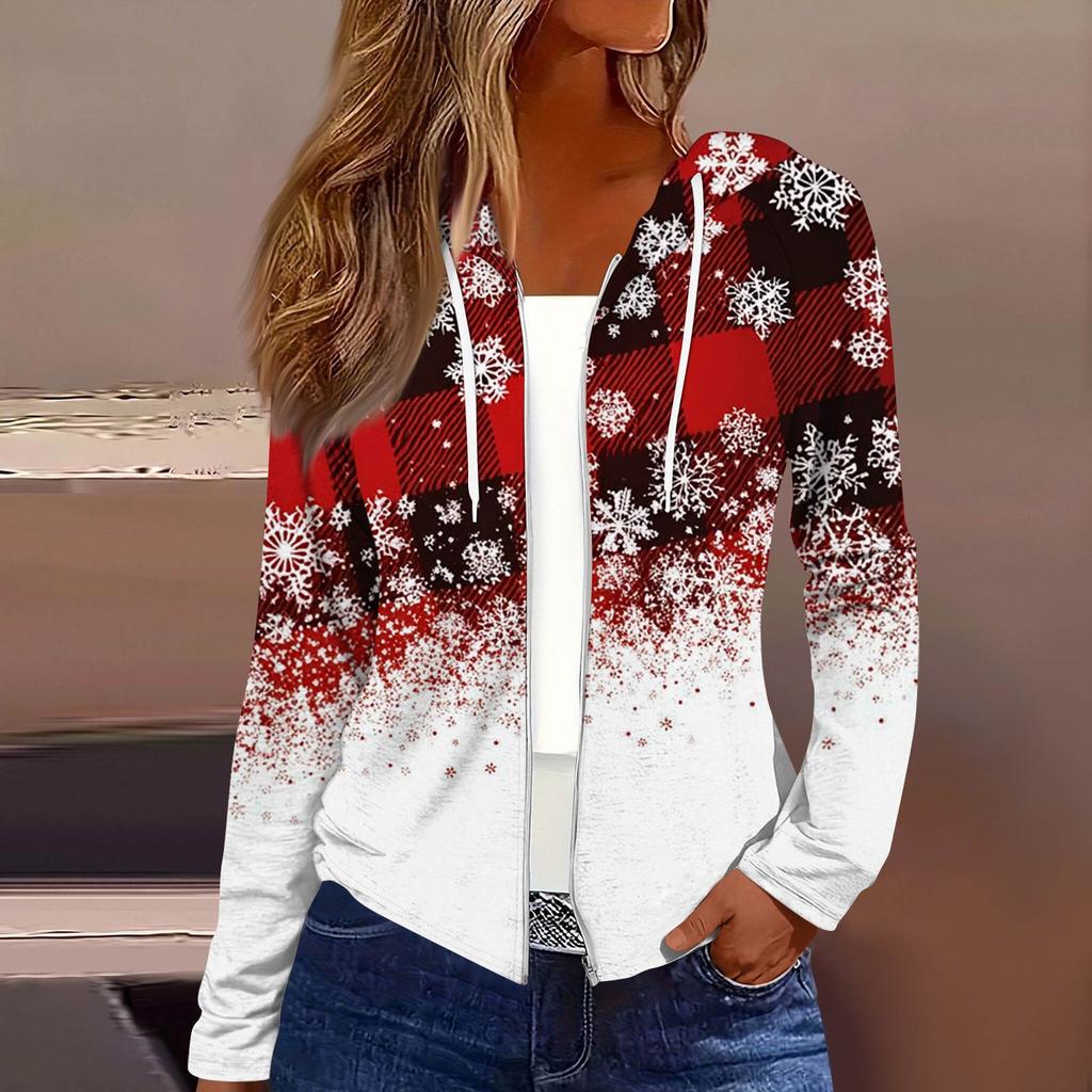 Women's Fashion Christmas Print Casual Zip-Up Long-Sleeved Hooded Jacket