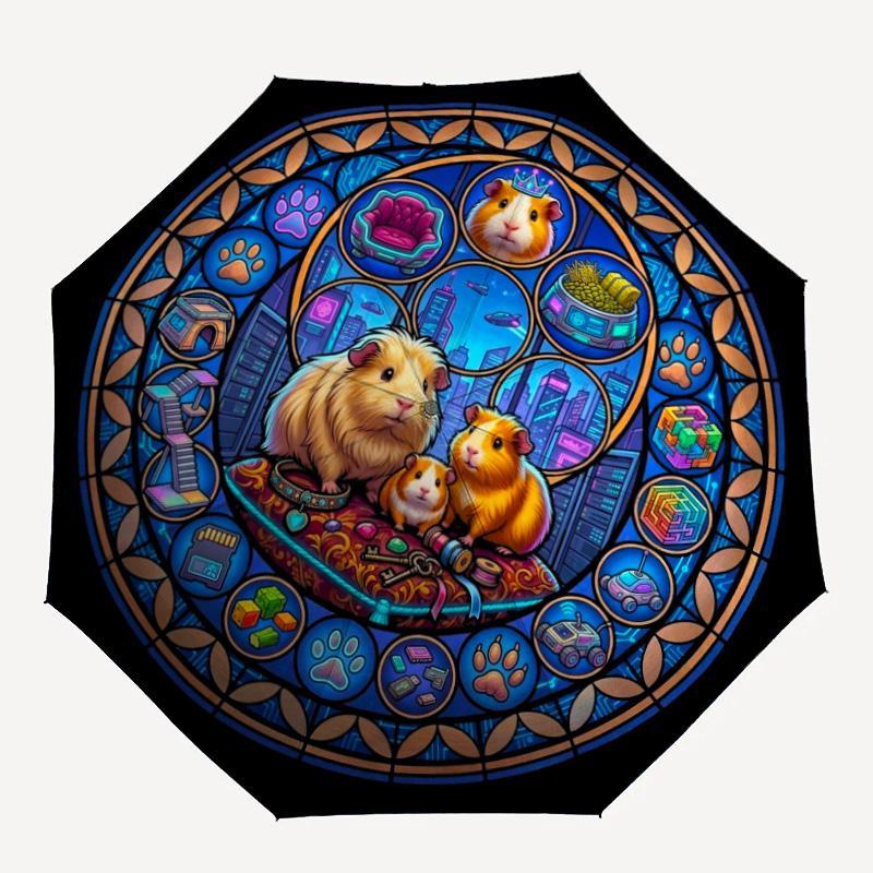 Guinea Pig Kingdom pattern umbrella, portable and foldable design, 8 ribs, a casual accessory for Halloween, Christmas, and birthday gifts.