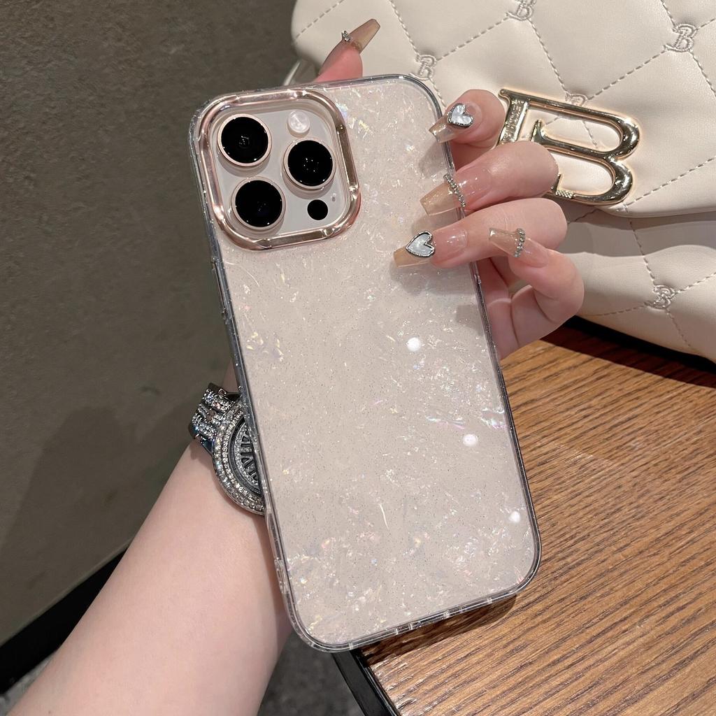 Роскошный блестящий чехол с лазерным рисунком ракушки для iPhone 12 13 14 15 16 Pro Max Plus с гальваническим покрытием, мягкий ударопрочный чехол из IMD