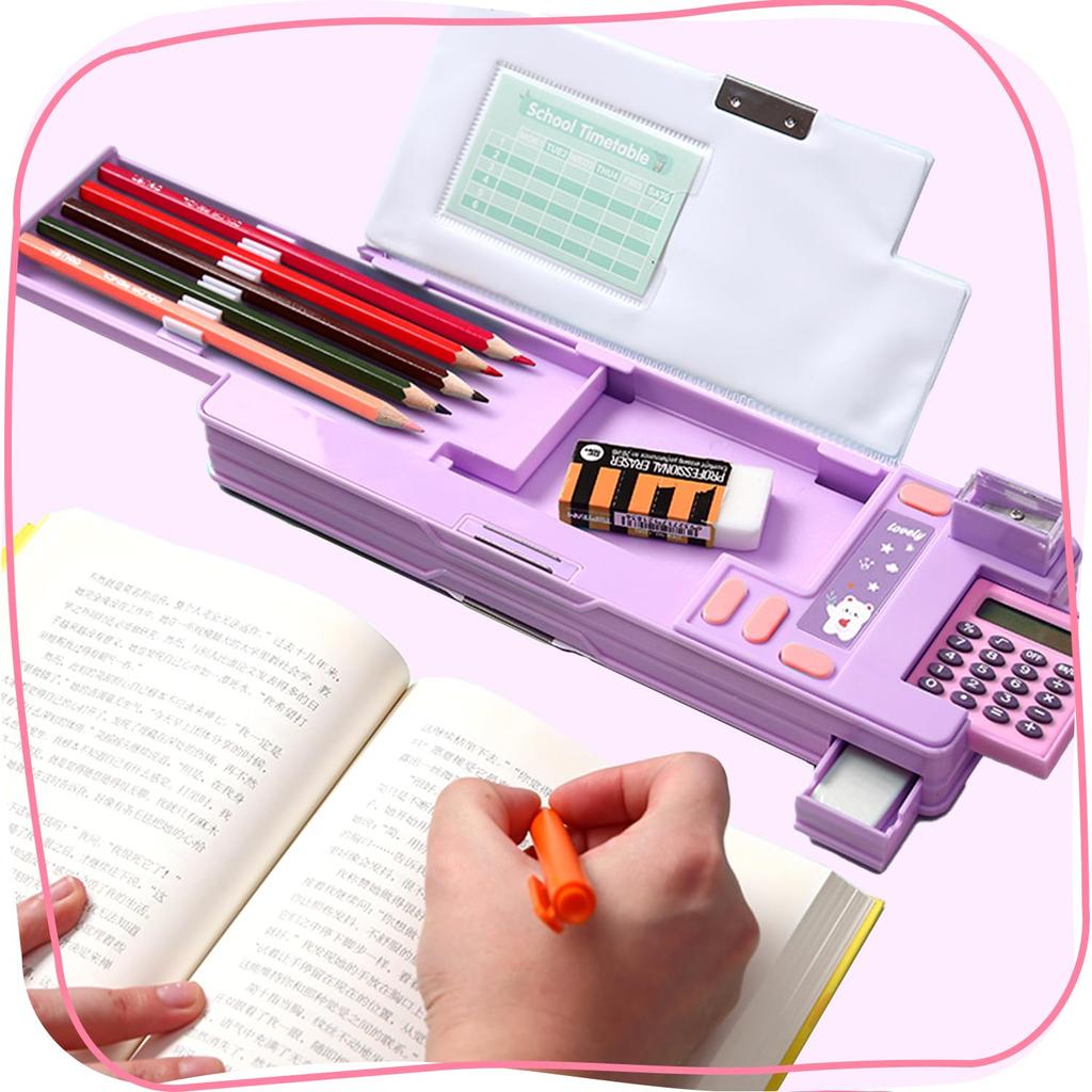 LilyBeauty Multifunctional Pencil Case with Calculator and Great Study Great Gift for Kids and Teens Pop-Up Cutter, Supplies, (Purple)