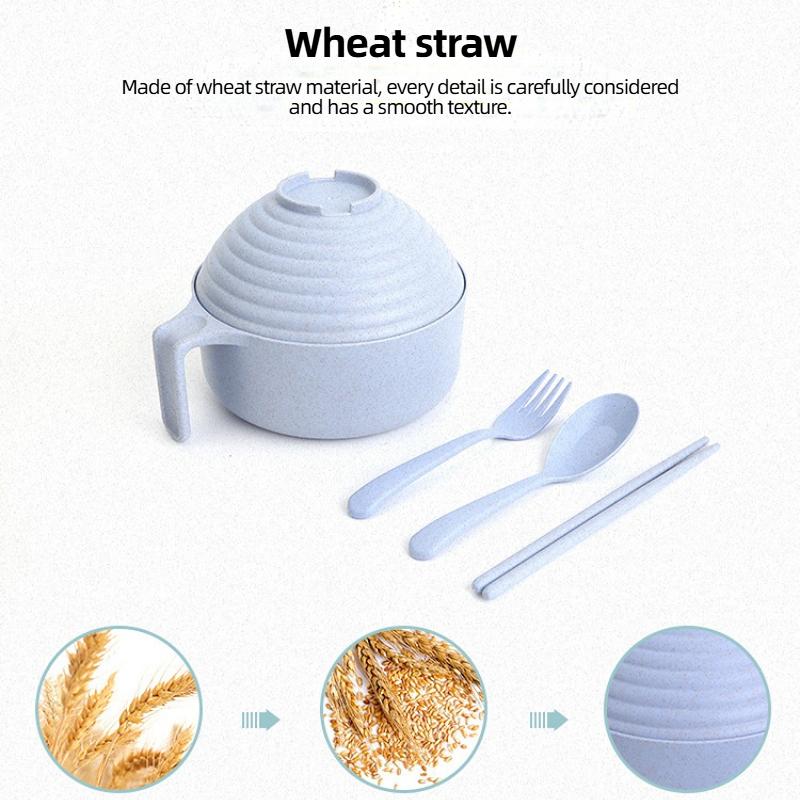 Wheat Straw Multifunctional with Lid Bowl Spoon Fork Chopsticks Eating Dinnerware Set Anti-hot Bowl Microwavable Bowl