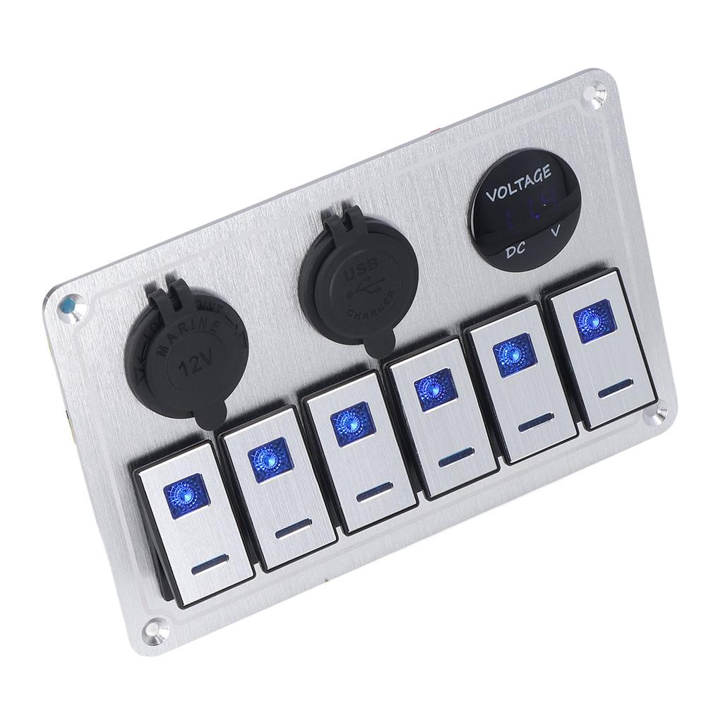Панель переключателей Rocker Switch 6 Gang On Off Blue LED Light 2.1A Dual USB Charger Port Алюминиевый сплав для автомобиля
