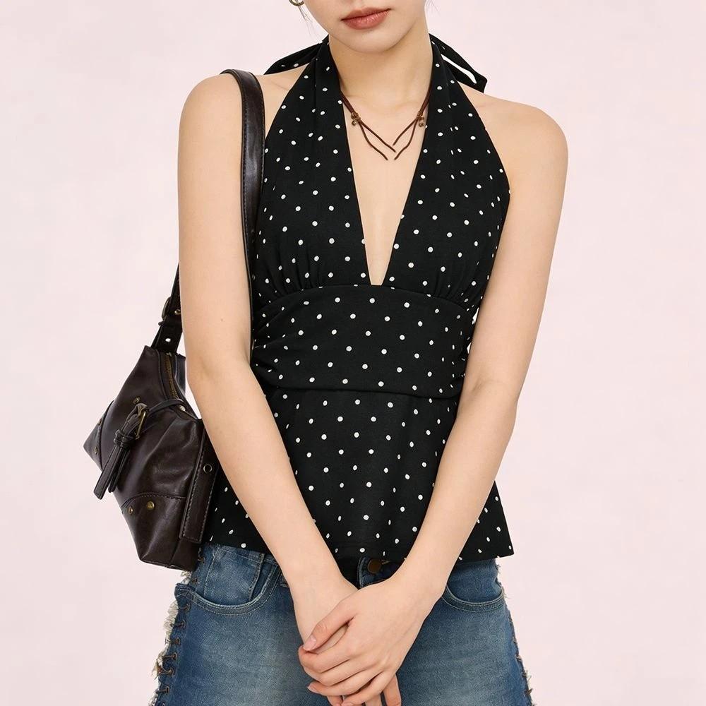Deep V Neck Lace-up Dots Camisole Pleated Halter Ruffle Vest Ins Style Women Crop Top Girl