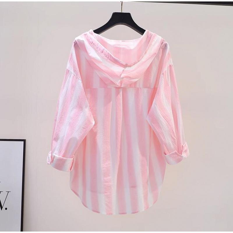 Рубашка в розовую вертикальную полоску, женская свободная куртка с капюшоном, солнцезащитный крем, тонкая хлопковая рубашка, кардиган с длинными рукавами, удобная женская одежда