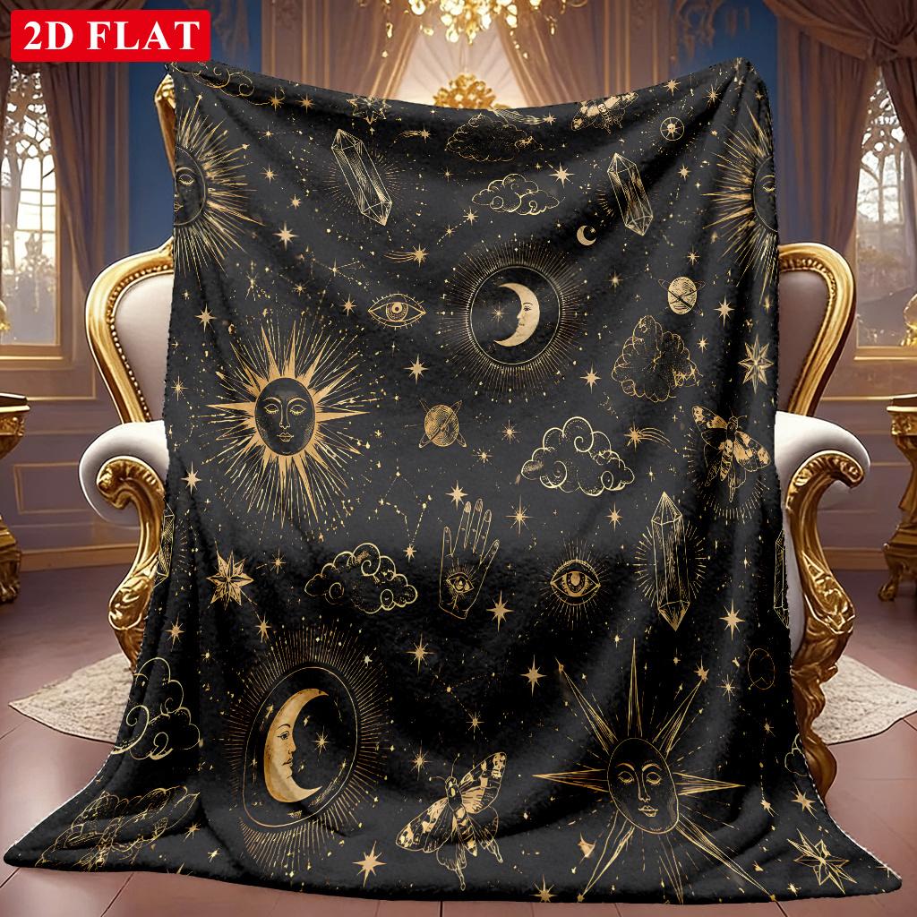 A 2D Black and Golden Sun, Moon, and Astrological-themed Flannel Blanket with Soft High-definition Digital Printing. This Cooling Blanket Is Suitable
