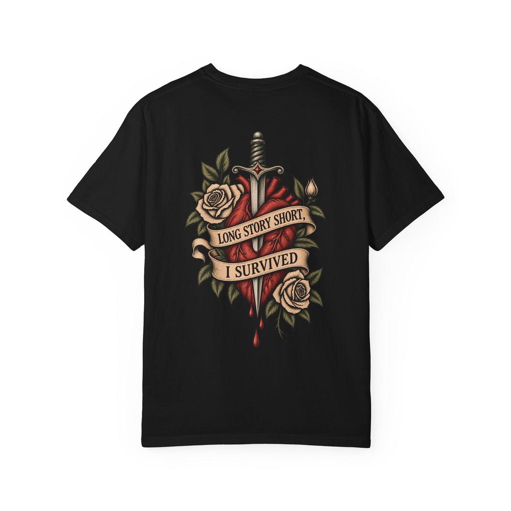 Long Story Short I Survived dagger rose graphic T-shirt | vintage tattoo back print