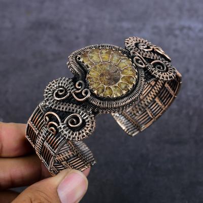 Браслет-манжета из натурального аммонита, окаменелого драгоценного камня, медной проволоки, регулируемый H1Q26