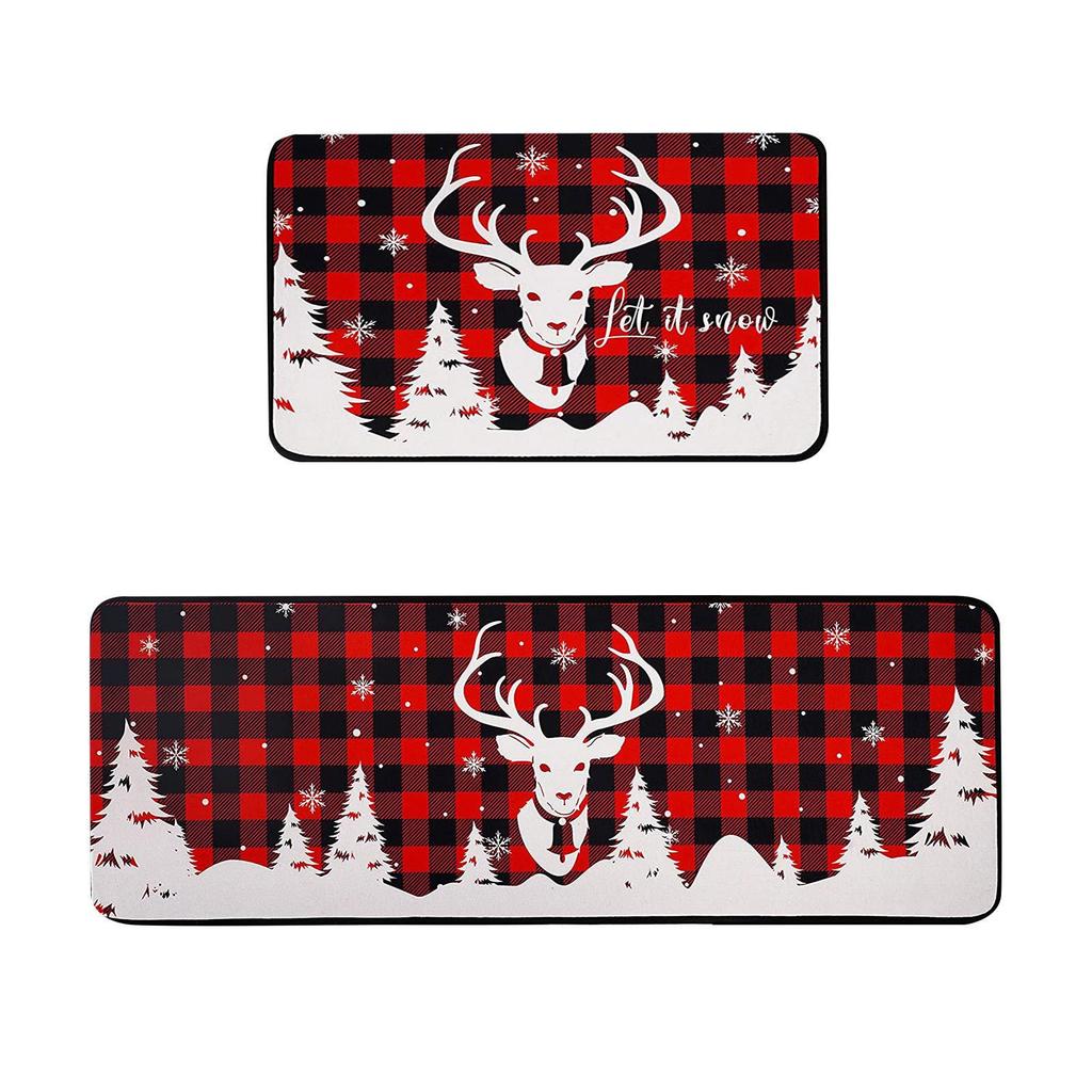 VIKAMA 2pcs Christmas Winter Crystal Velvet Floor Rug Kitchen Non-slip Mat Entrance Welcome Door Mat Holiday Home Decoration