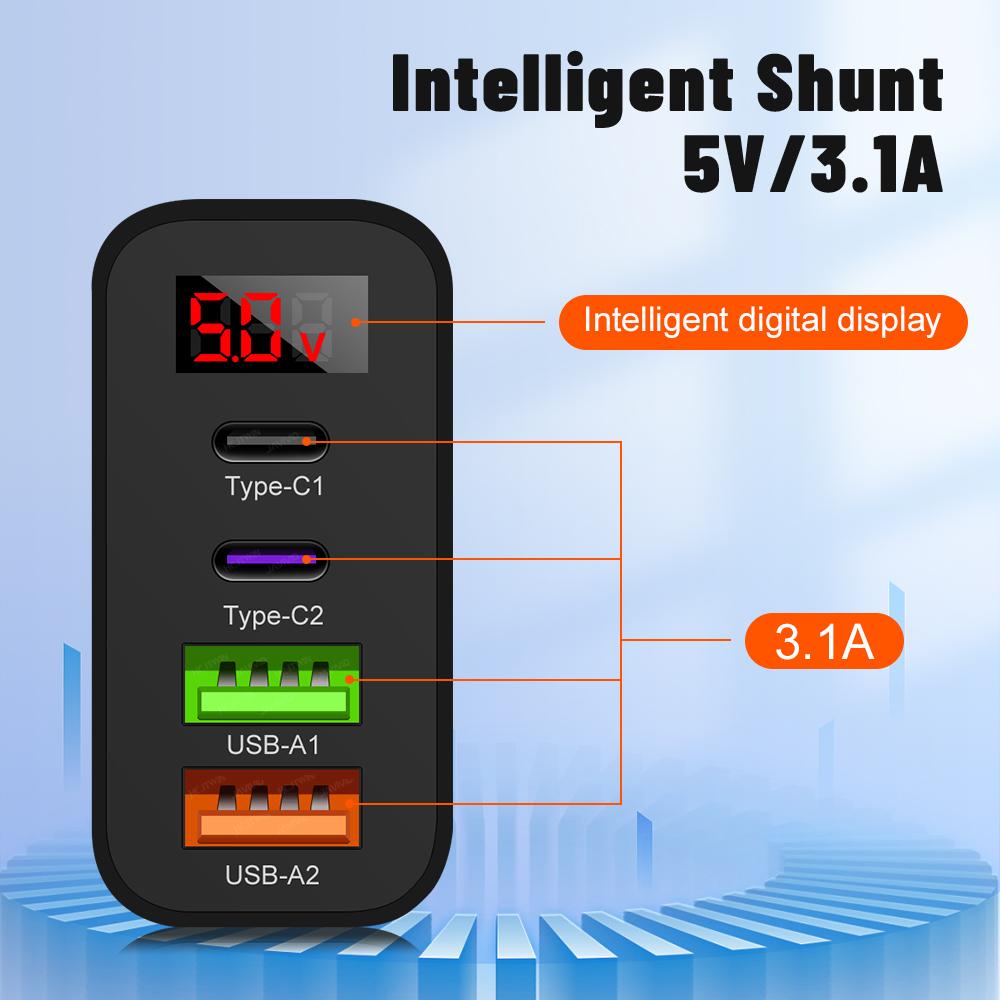 45 Вт USB C зарядное устройство 4 порта быстрая зарядка цифровой дисплей мобильный телефон адаптер для iPhone 16 15 Xiaomi Huawei QC 3.0 настенное зарядное устройство PD