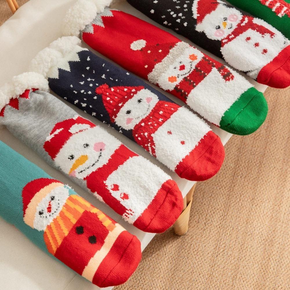 Cartoon Christmas Floor Socks Snowman Fleece Socks Women Soft Thick Thermal Socks Men Women