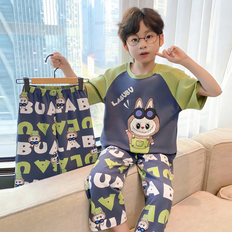 Cotton 3-Piece Pajama Set Boys Lightweight Short Sleeve Sleepwear Cartoon Print Home Wear Ages 8