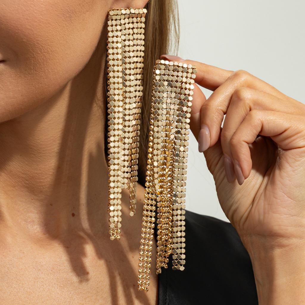 SHIXIN Luxury Metal Sequin Tassel Drop Earrings Women Exquisite Shiny Geometric Long Pendant Earrings Party Jewelry Accessories